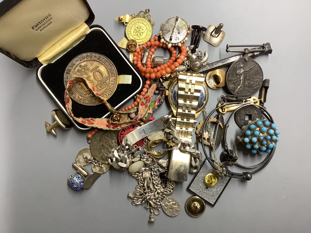 Mixed collectables including silver identity bracelet, war medal, wrist watch and costume jewellery.